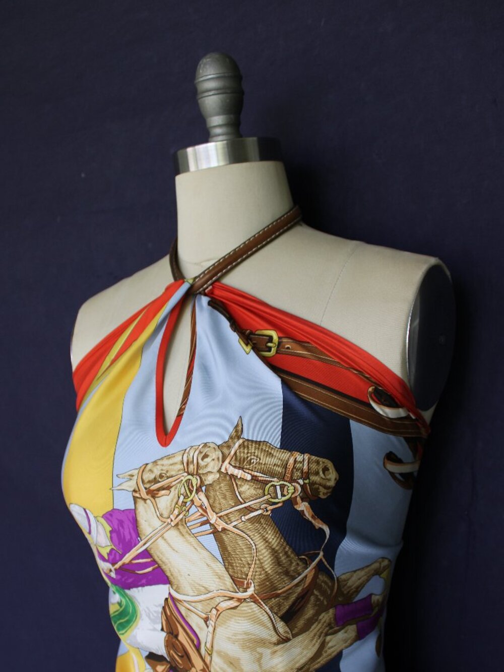 Ralph Lauren equestrian Polo horse halter silk scarf leather tunic dress top XS - Picture 7 of 12